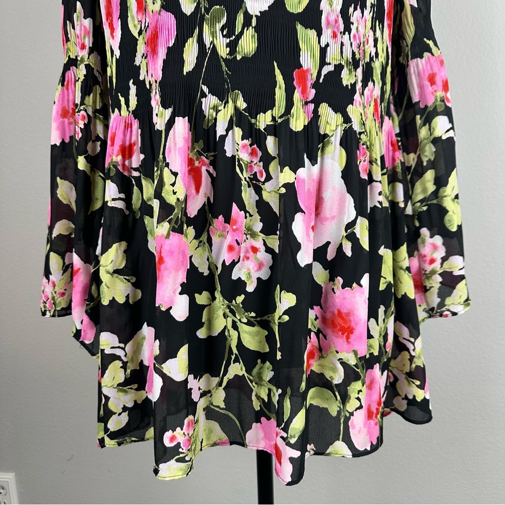 Floral & Ivy Floral Top Sz Large Sheer Pleated Stretch Flare Sleeve Peasant Boho - Picture 3 of 14